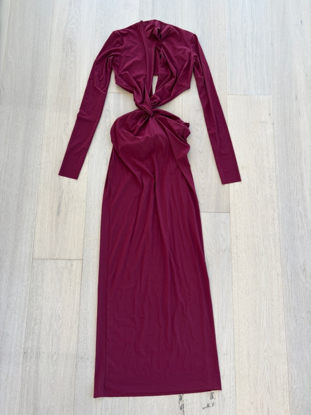 Knot-Front Long Sleeve Maxi Dress in Wine